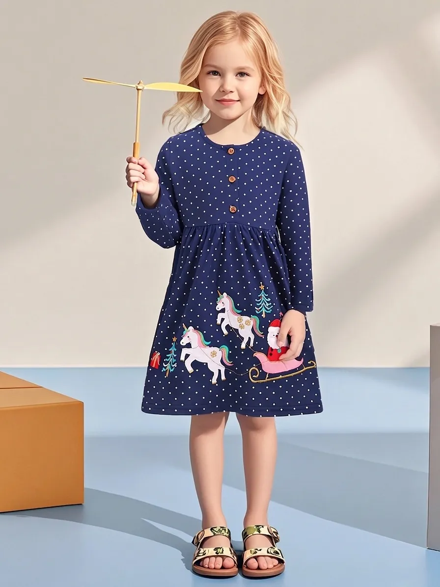 Vestito di Natale da Ragazza a Manica Lunga Blu Marino a Pois in Cotone Con Ricamo Babbo Natale Unicorno Per Bambini Autunno Casual Abbigliamento Festivo