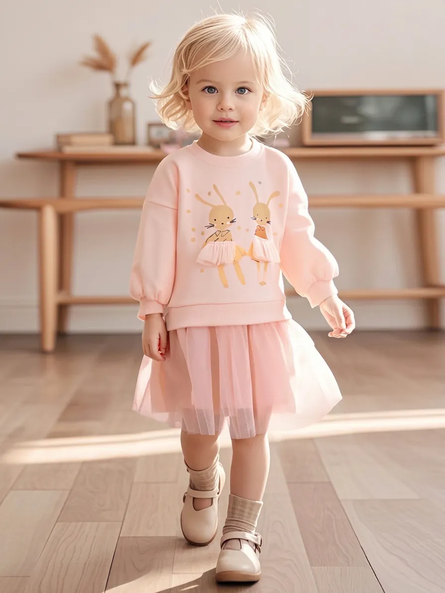 Robe en Tulle de Coton Rose pour Filles Little Maven Manches Longues Patchwork Lapin Dessin Animé pour Fête d'Enfants