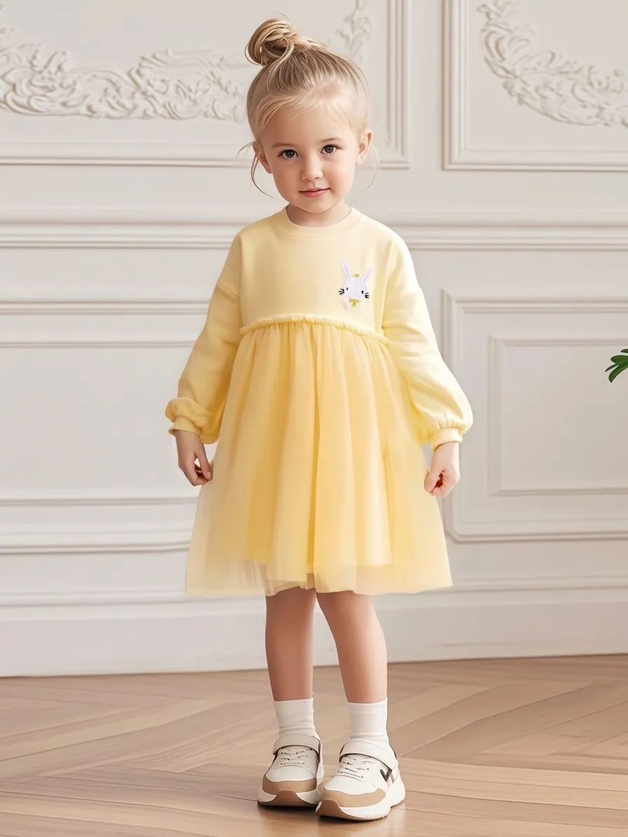 Kleinkind Mädchen Langarm Hasen Stickerei Tüll Kleid Herbst Patchwork Baumwolle Netz Prinzessin Rock Für Kinder Alltag