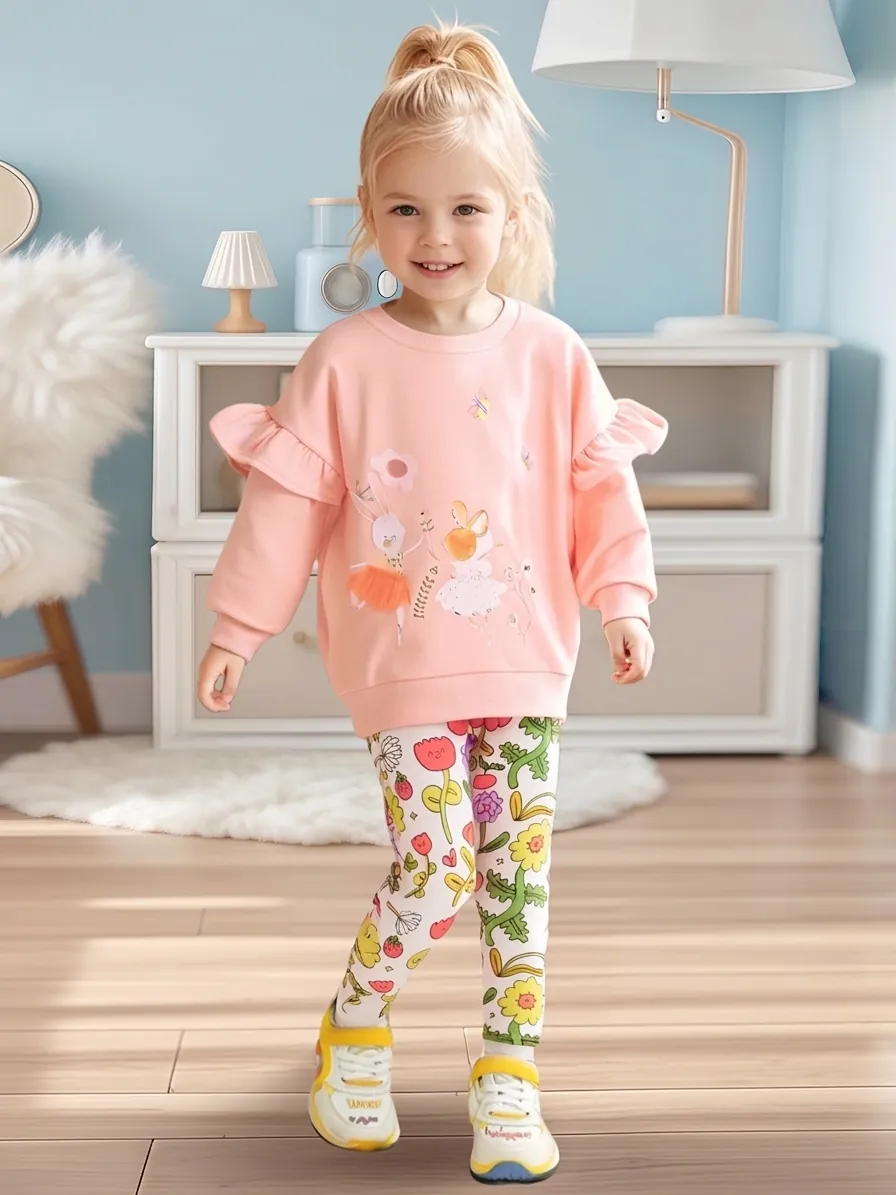 Little Maven Girls Cotton Clothing Set Rabbit Print Ruffle Sleeve Pullover Sweatshirt And Floral Pants Autumn Kids Outfit