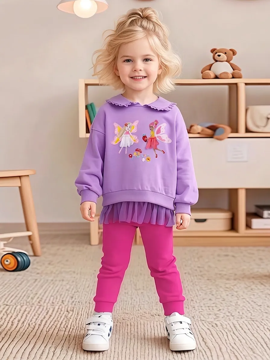 Girls Cotton Long Sleeve Fairy Applique Top And Ribbed Pants Set Purple Kids Fall 2-Piece Outfit For Casual Daily Wear