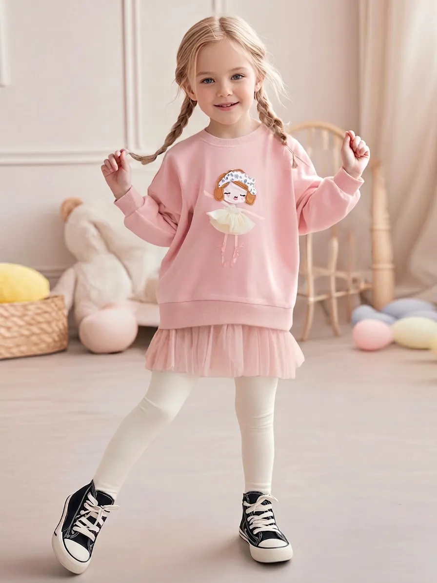 Little Maven Meisjes Katoen Sweatshirt Leggings Outfit Ballerina Meisje Borduurwerk Roze Broken Wit Kinderkleding Herfst