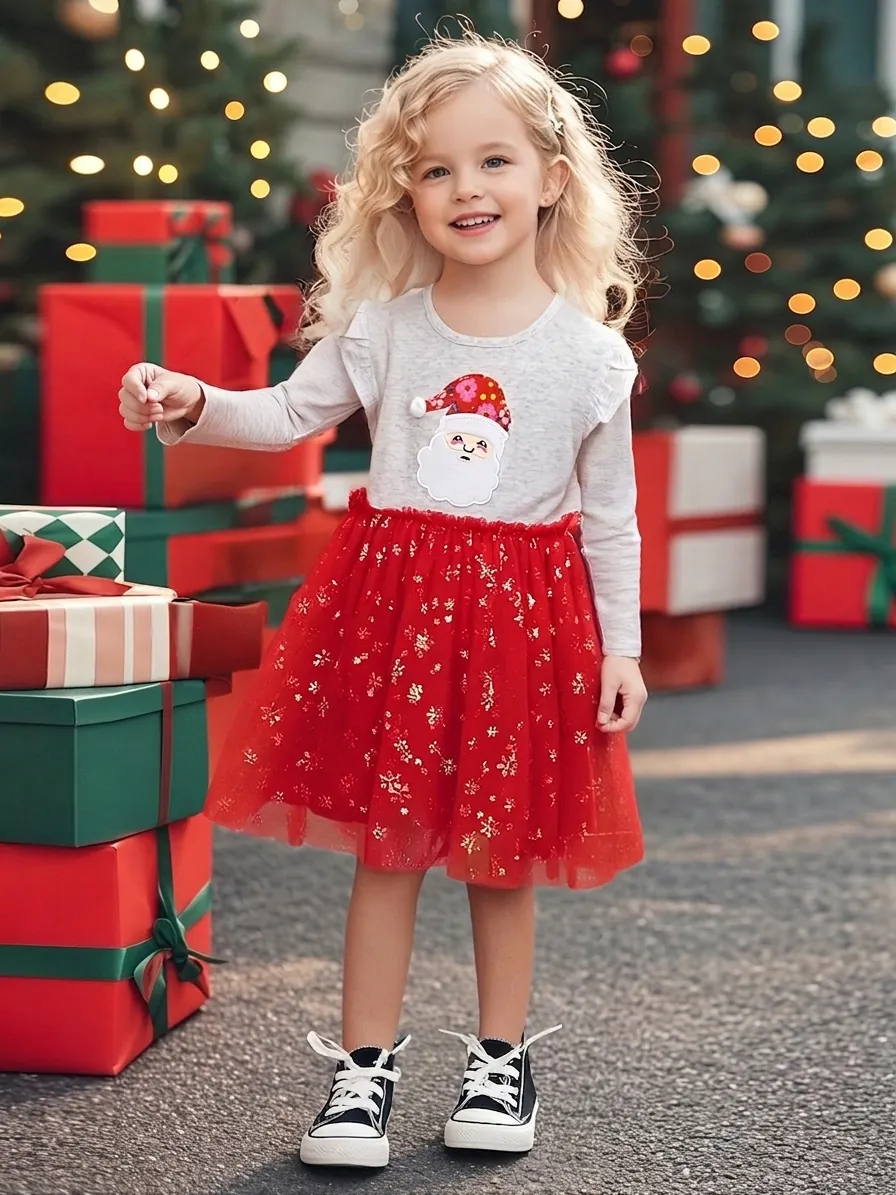 Girls Christmas Dress Cotton Long Sleeve Santa Applique Gold Snowflake Mesh Tutu Party Dress For Toddler Kids