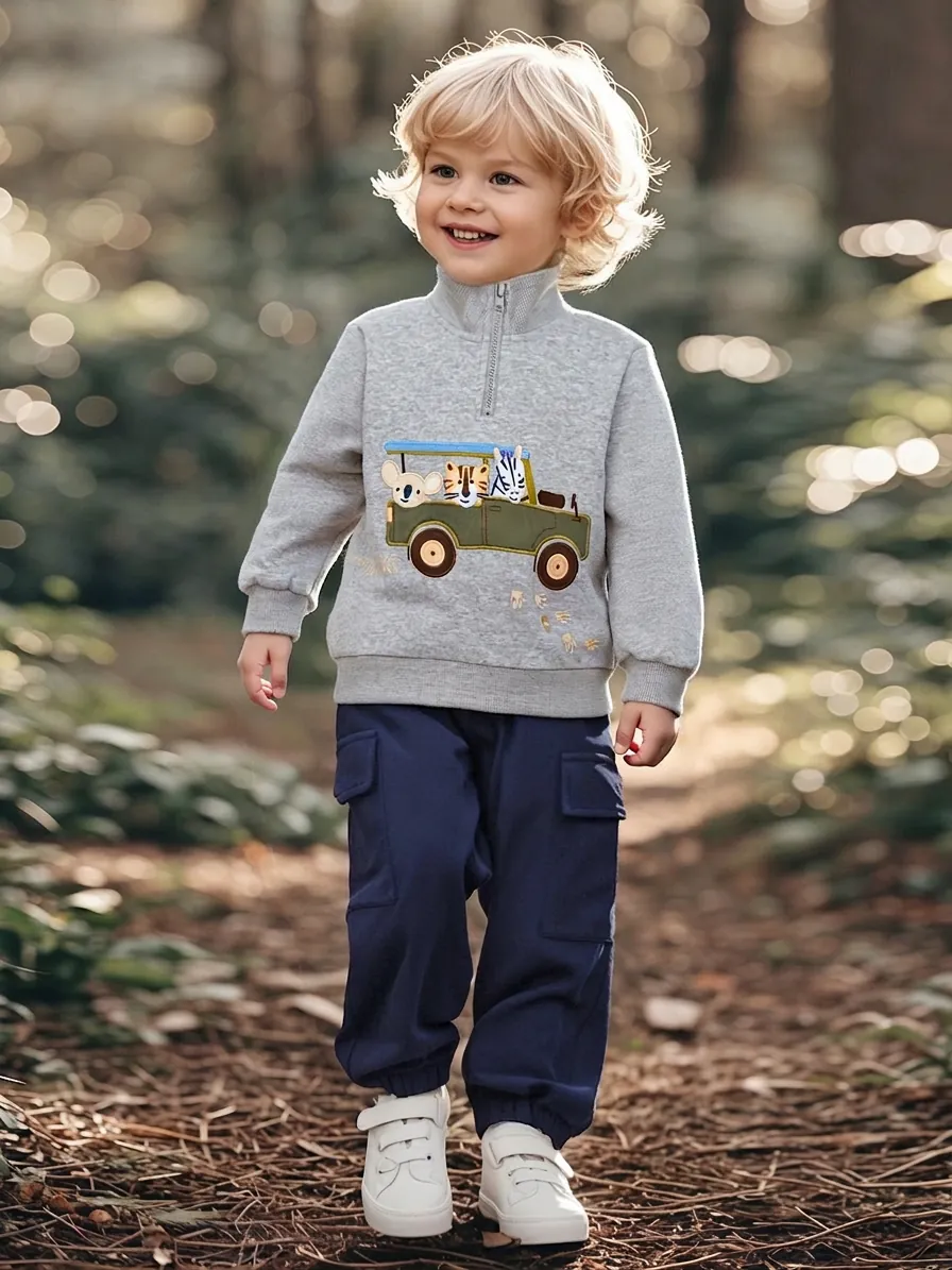Boys Autumn Cotton Polyester Casual Long Sleeve Half Zip Sweatshirt And Cargo Pants Set With Cartoon Animal Embroidery