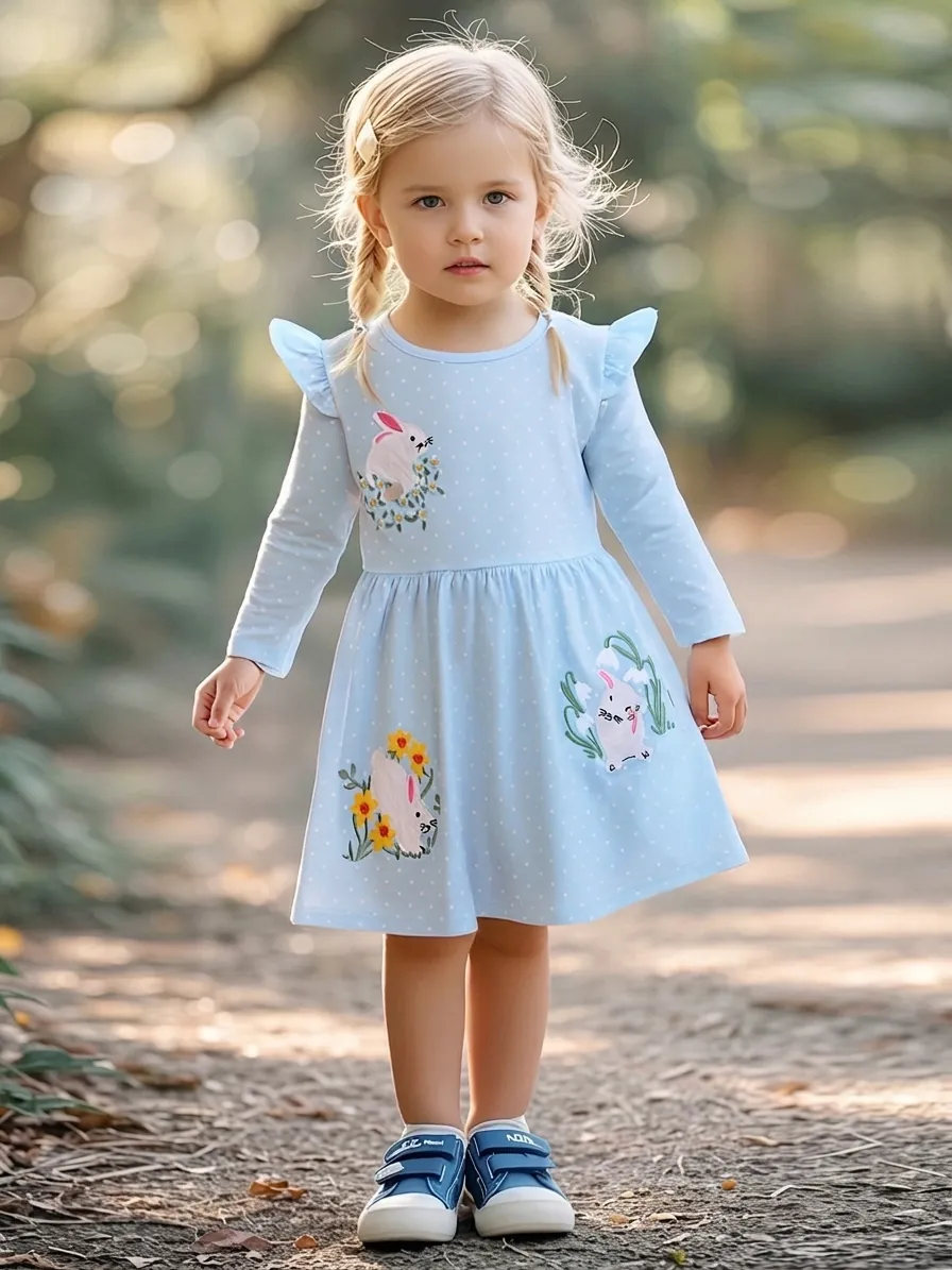 Little Maven Girls Long Sleeve Cotton Dress Light Blue Polka Dot Rabbit Flower Embroidery Ruffle Casual Autumn Toddler Dress