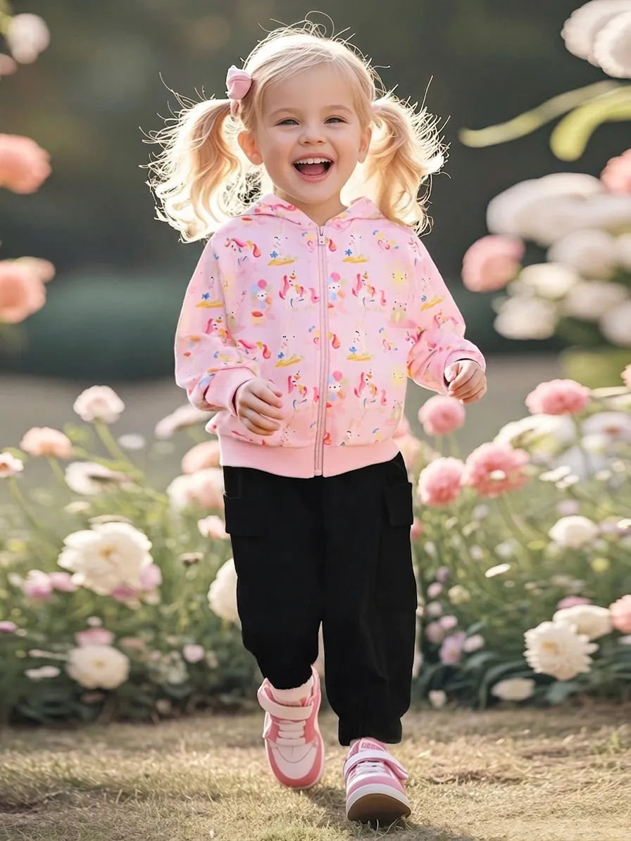 Mädchen Rosa Einhorn Druck Kapuzenjacke Mit Reißverschluss Und Schwarze Cargo Hose Herbst Langarm Cartoon Kinder Kleidung