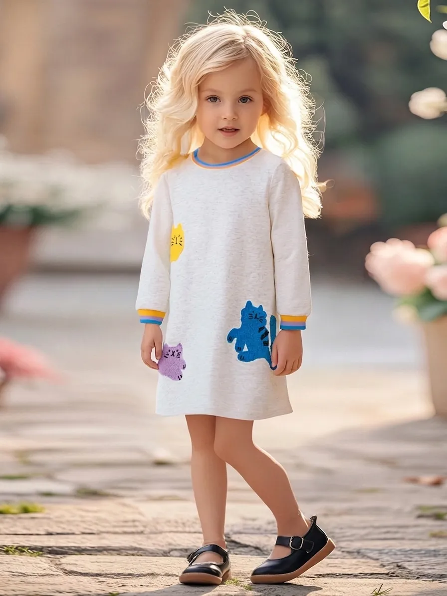 Robe Manches Longues en Coton pour Filles Broderie Chat de Dessin Animé Gris Décontracté Automne Col Rond Ligne A Enfants