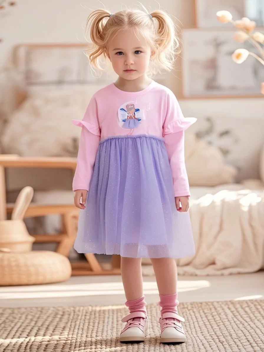 Robe de Princesse en Tulle Patchwork Imprimé Fée Dessin Animé pour Petites Filles Manches Longues Volants Rose Violet