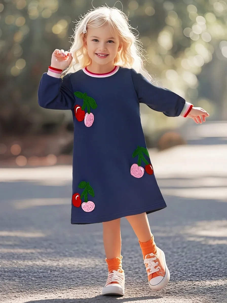 Abito da Bambina in Cotone a Maniche Lunghe Simpatico Ciliegio Ricamato Blu Navy Vestito da Principessa Polsini a Righe Casual Scuola