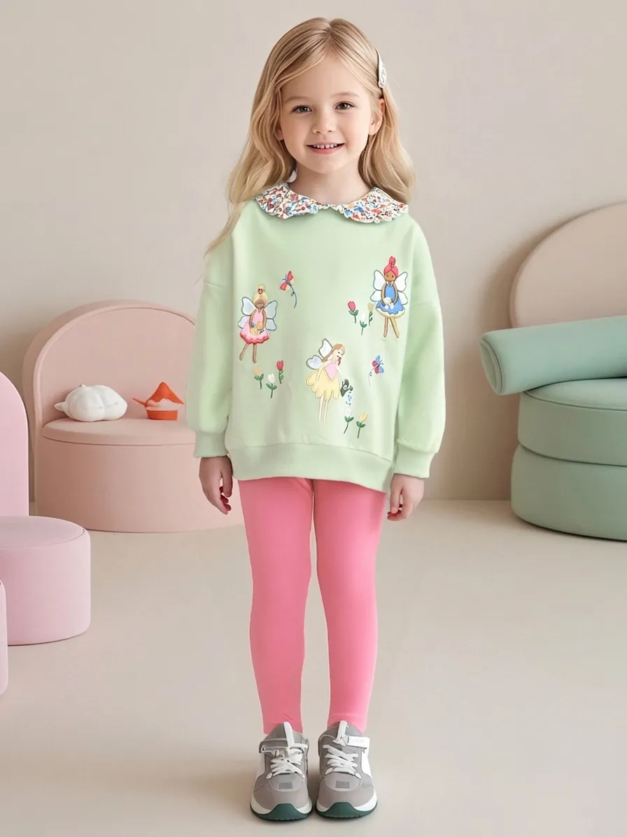 Mädchen Zweiteiler Bekleidungsset Feen Stickerei Sweatshirt Top Rosa Hose Herbst Süßes Baumwolle Peter Pan Kragen Kinder Outfit