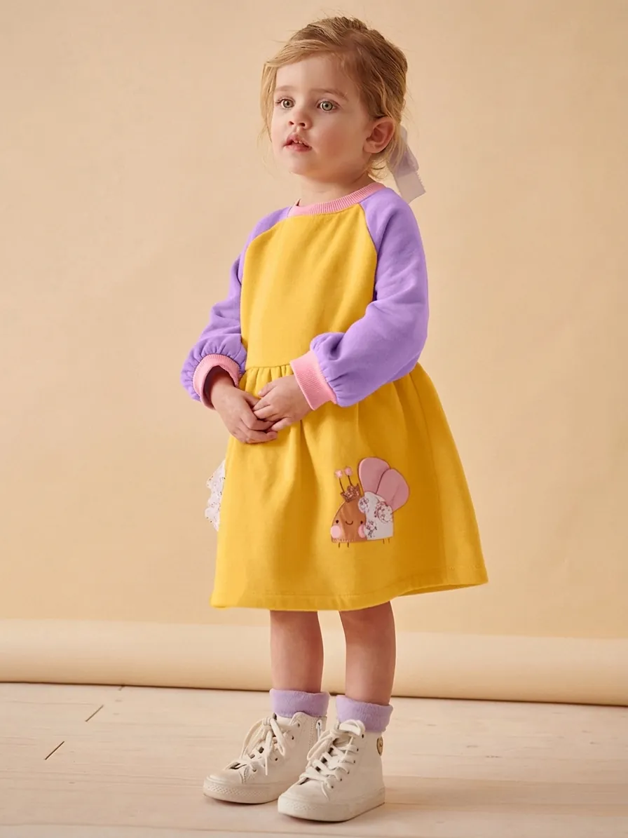 Kleinkind Mädchen Cartoon Biene Patchwork Kleid Langarm Baumwollmischung Casual Herbst Kleidung Prinzessin Outfit Für Kinder