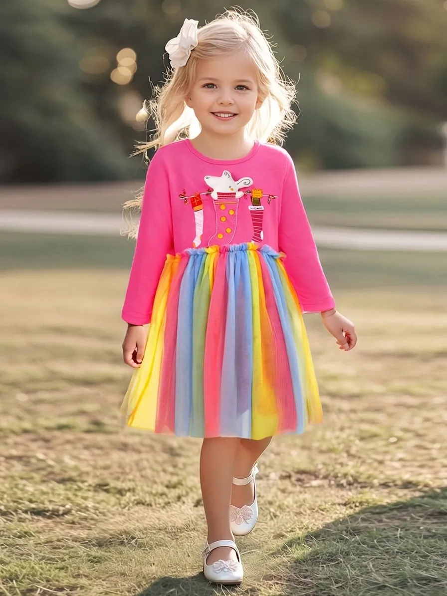 Toddler Girls Christmas Dress Long Sleeve Cotton Rose Pink Top Rainbow Mesh Tutu Dress Cartoon Mouse Applique Embroidery Princess Party Gown