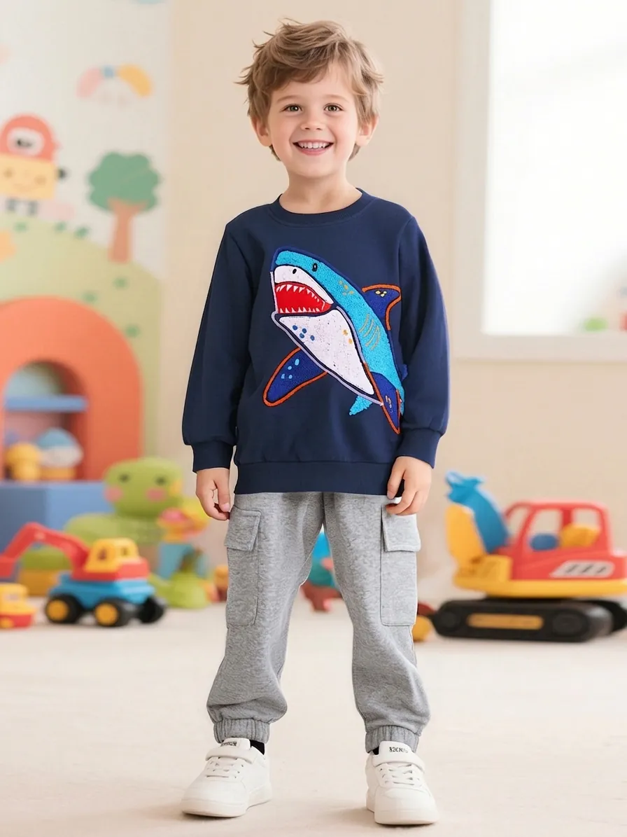 Boys Long Sleeve Cotton Sweatshirt And Cargo Jogger Pants Cartoon Shark Pullover Elastic Waist Trousers For Kids