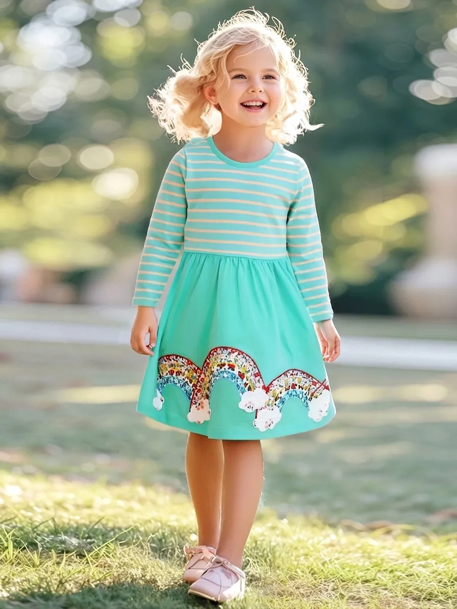 Little Maven Girls Long Sleeve Striped Dress Rainbow Cloud Applique 100% Cotton Autumn Casual A-Line Dress Kids Clothes