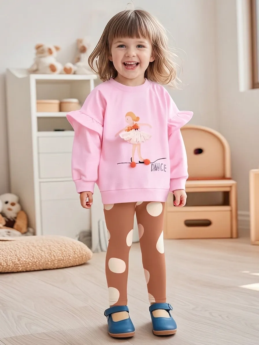 Girls Autumn Long Sleeve Ballerina Sweatshirt And Polka Dot Leggings Two Piece Set Cotton Casual Outfit Kids Clothes