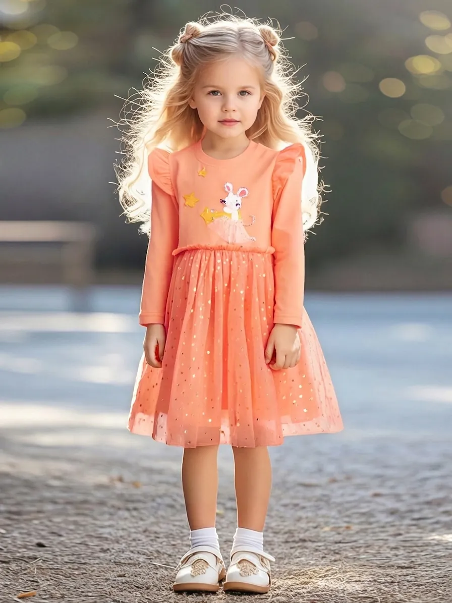 Little Maven Ragazza Manica Lunga Ricamo Topo Del Fumetto Maglia Abito Da Principessa Gonna Tutu Paillettes Autunno Bambini Vestito Cotone