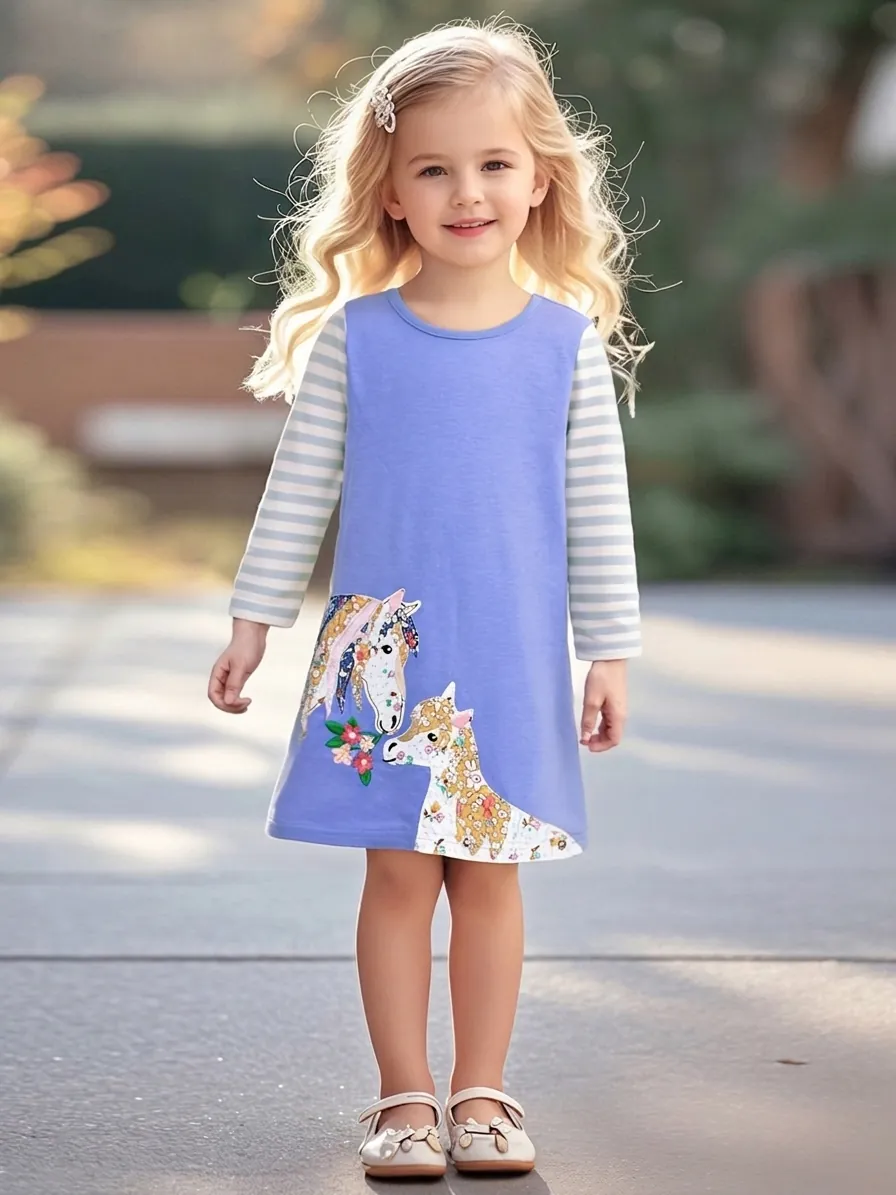 Vestito a Maniche Lunghe in Cotone per Ragazze a Righe Color Block Pony Cartone Animato Stampa Animalier Patchwork Autunno