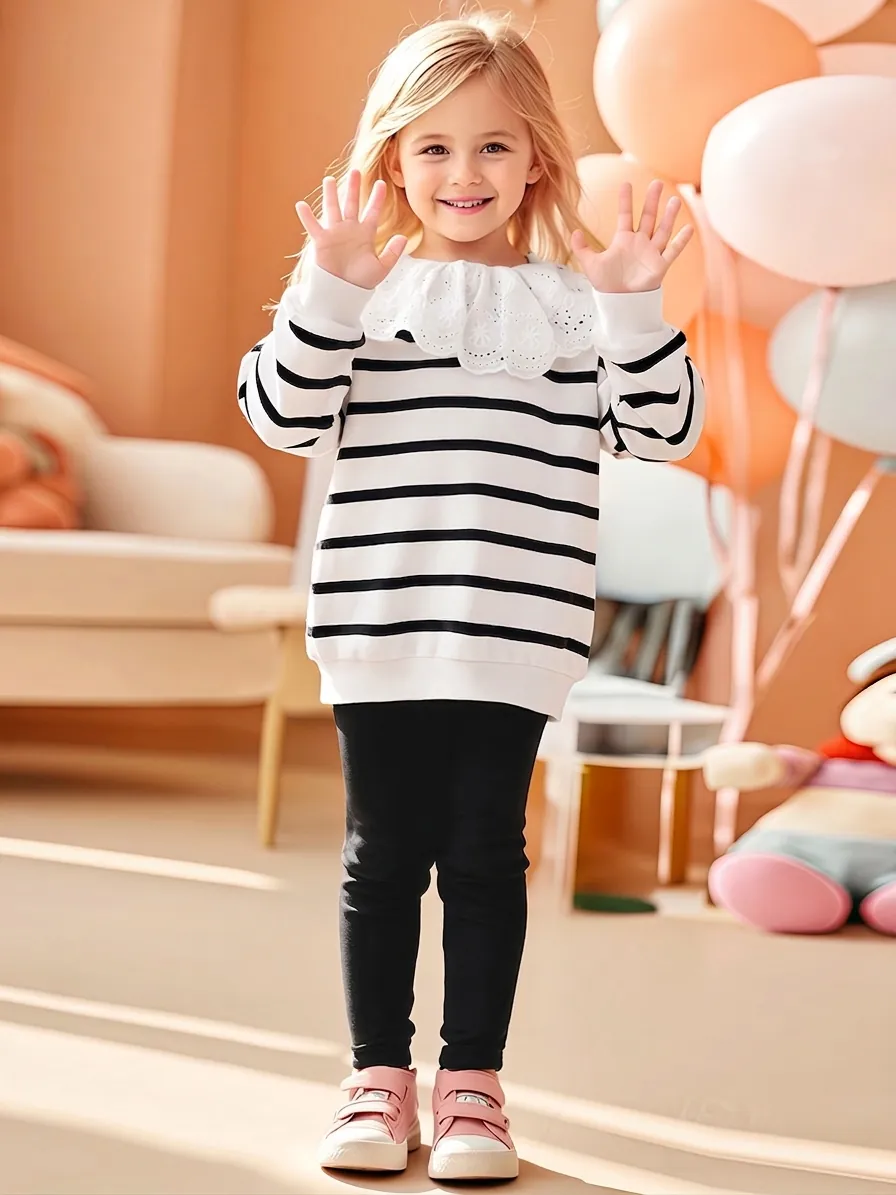 Little Maven Girls Striped Clothing Set Lace Eyelet Ruffle Collar Long Sleeve Top And Pants Casual Soft Cotton 2 Pieces Autumn Outfit
