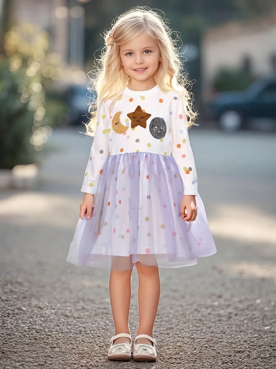Girls Long Sleeve Cotton Mesh Dress Colorful Polka Dots Applique Celestial Patchwork Tulle Princess Dress For Toddler Kids
