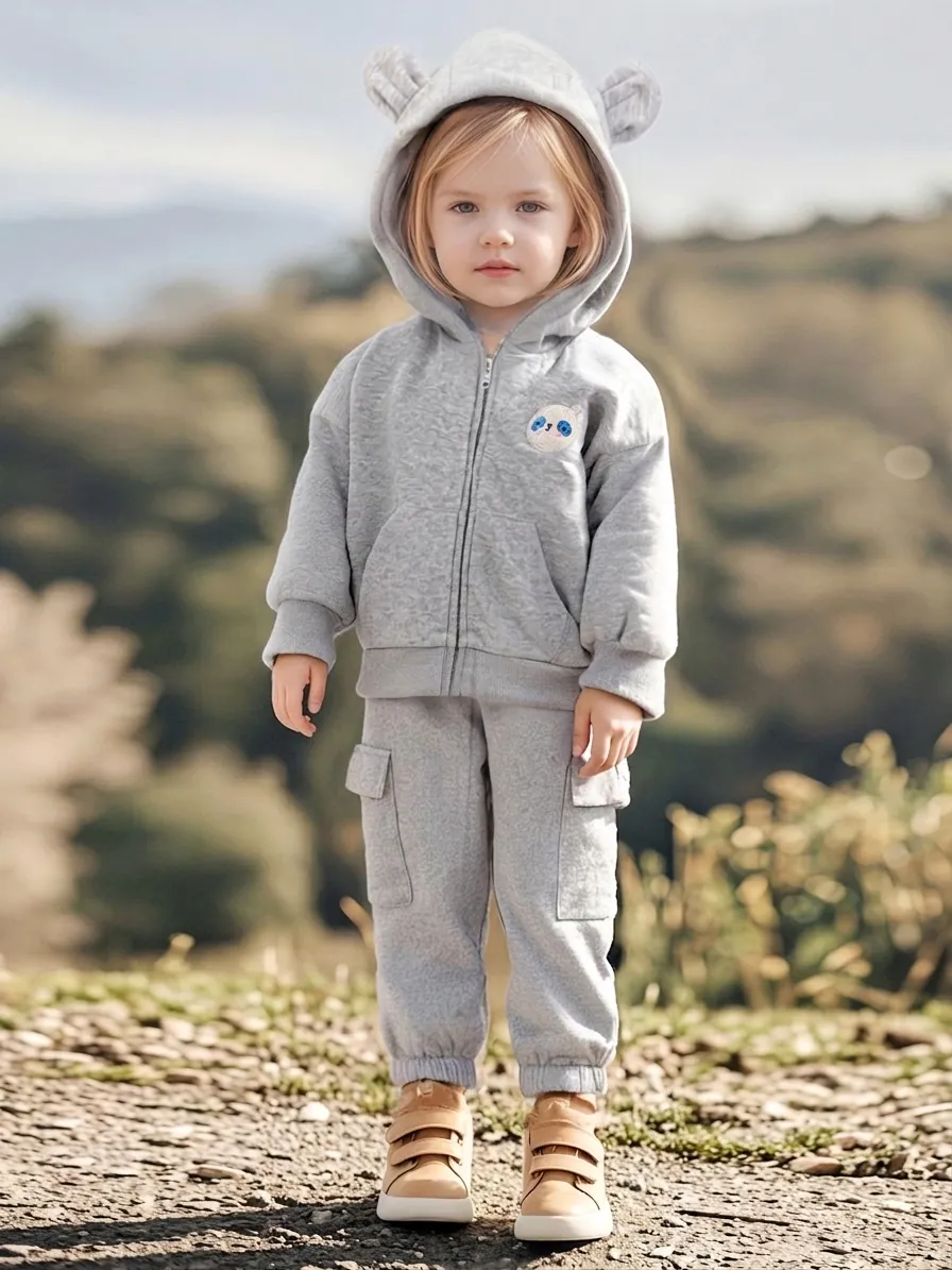 Sweat à Capuche ou Pantalon Cargo pour Enfants Broderie Panda Décoration Oreilles 3D Mélange de Coton Tenue d'Automne Décontractée