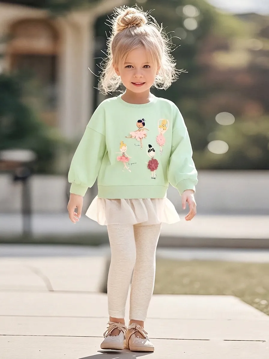 Abbigliamento Autunnale Bambina In Cotone Felpa A Maniche Lunghe Leggings Ragazza Di Danza Classica Applique 3D Orlo In Rete