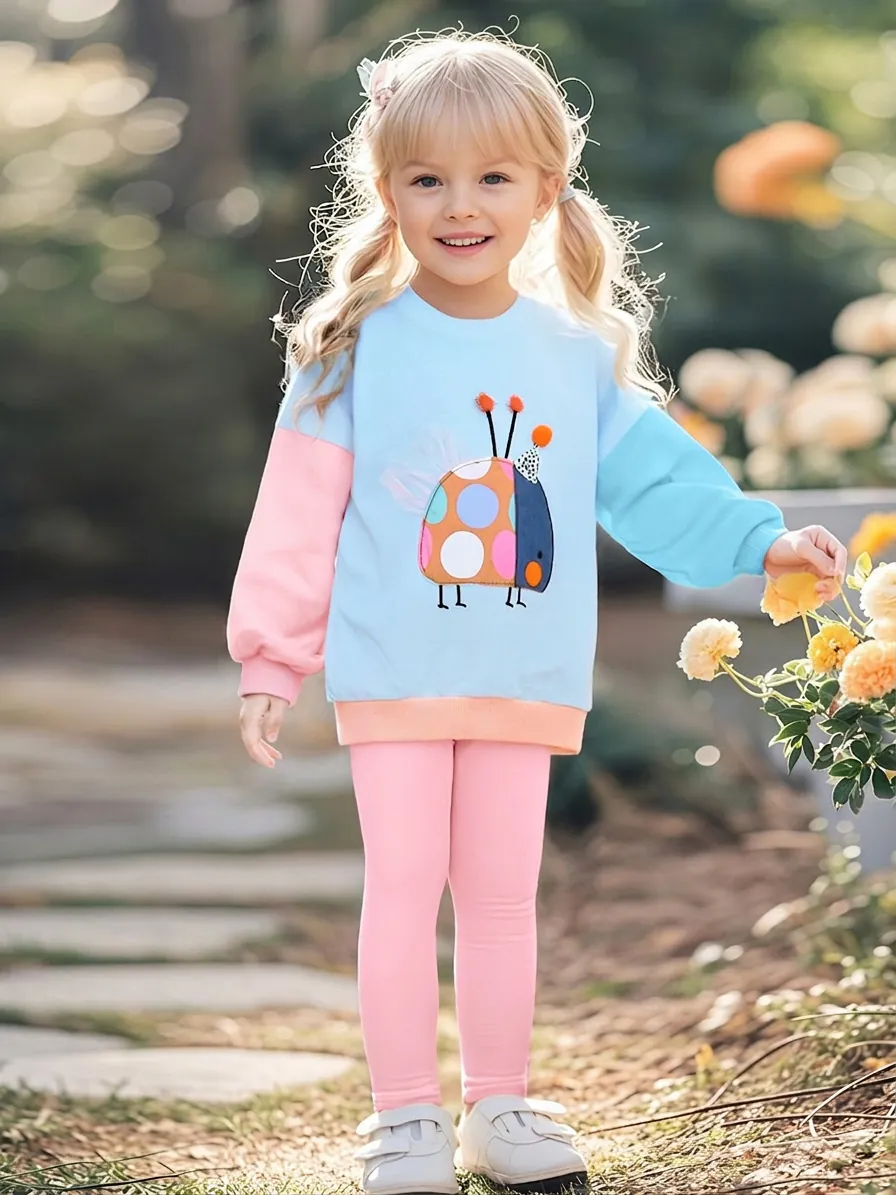 Girls Casual Autumn Long Sleeve Sweatshirt And Pants Set Cartoon Insect Applique Cotton Two Piece Outfit For Toddlers