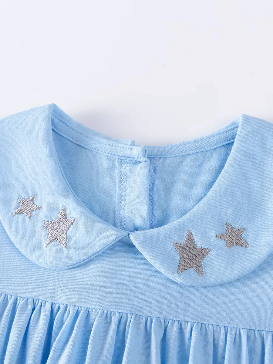 Mädchen Langarm Baumwollkleid Peter Pan Kragen Bestickt Stern Maus Netz Patchwork Herbst Casual Blau Kleinkind Kleid