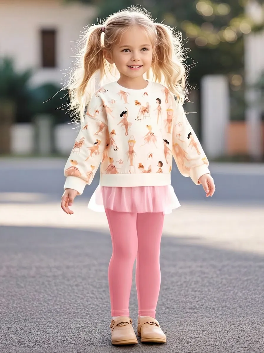 Little Maven Κοριτσίστικο Casual Φθινοπωρινό Σετ Μακρυμάνικο Φούτερ Με Σχέδιο Μπαλαρίνα και Ροζ Κολάν Με Τούλι