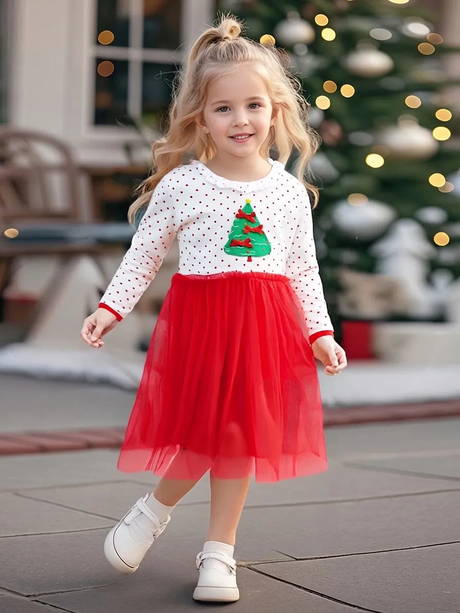 Robe de Noël à Manches Longues pour Filles Haut en Coton à Pois Blanc Jupe en Tulle Rouge Robe de Fête pour Enfants