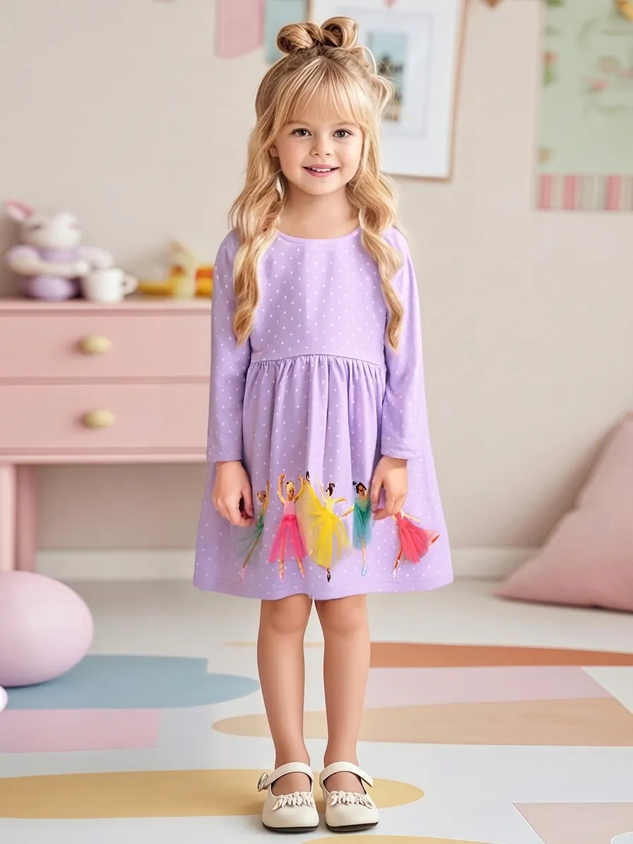 Robe à Manches Longues en Coton pour Filles Lavande Violet à Pois Broderie Danseuse de Ballet Tutu en Maille 3D Automne