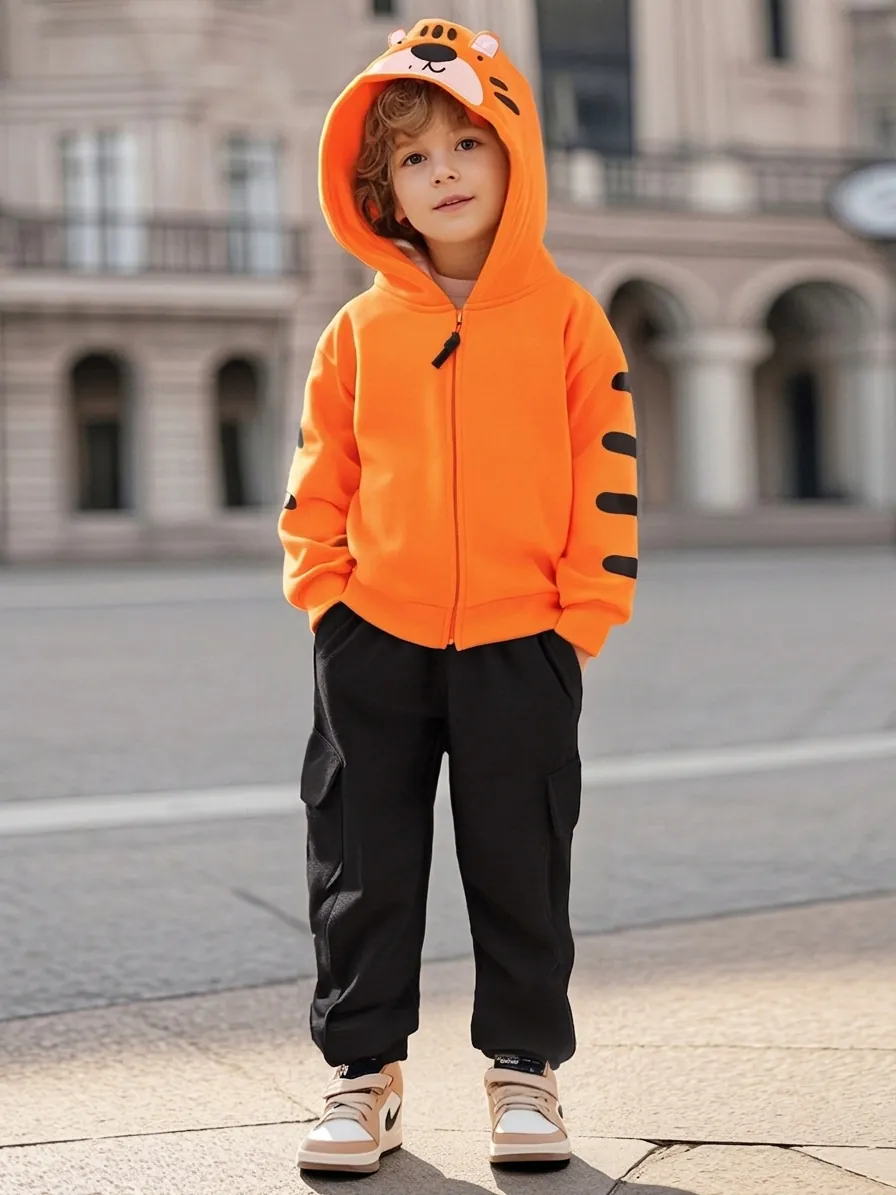 Little Boys Cartoon Tiger Hooded Zip Up Fleece Sweatshirt And Black Cargo Pants Outdoor Casual Autumn Winter Outfit