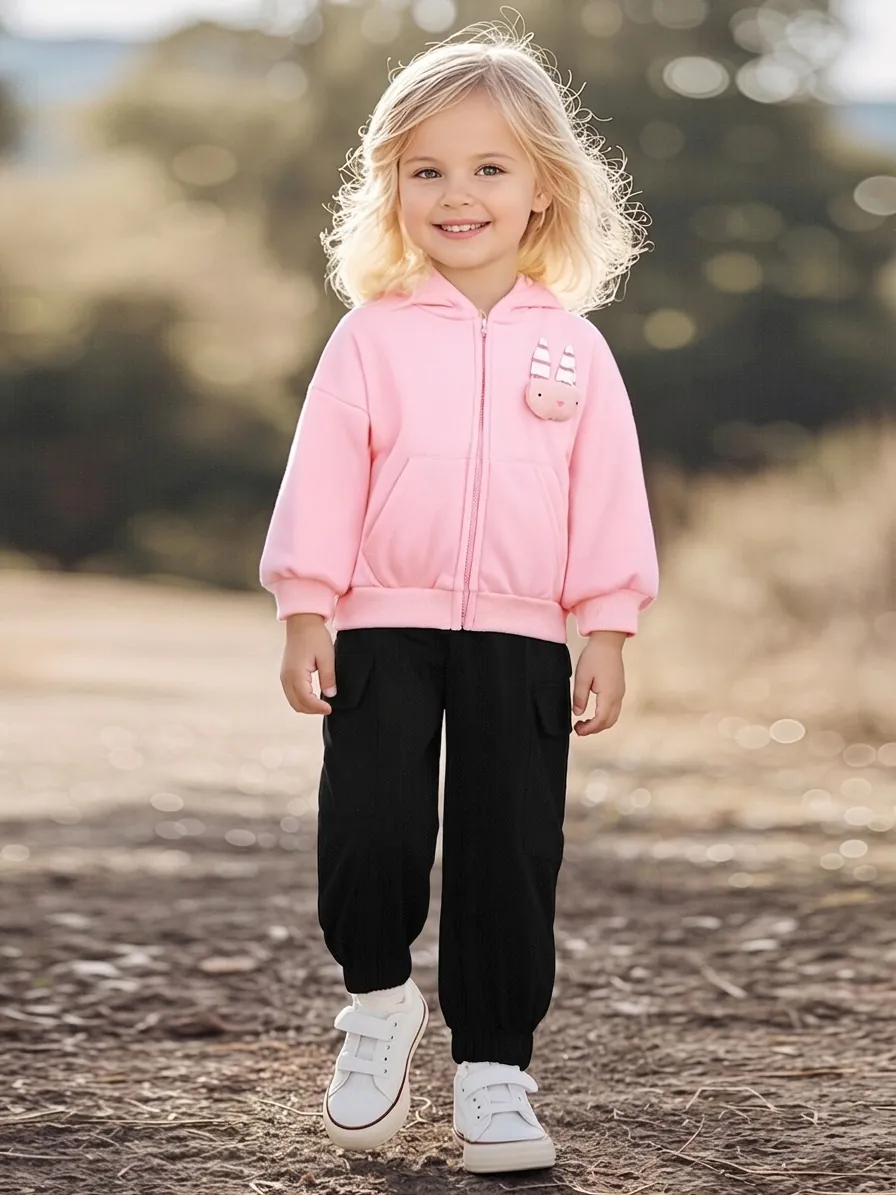 Ensemble de Vêtements Décontractés pour Petites Filles Sweat à Capuche Lapin Doublé Polaire Rose et Pantalon Cargo Noir