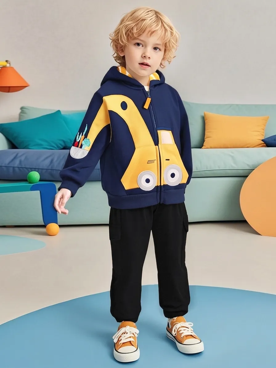 Boys Autumn Fleece Hoodie Set Cotton Blend Long Sleeve Zipper Jacket And Pants Excavator Embroidered Children Clothes