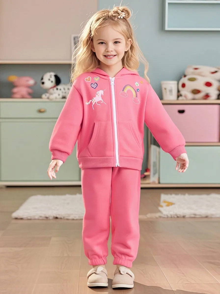 Girls Pink Fleece Hoodie And Pants Outfit With Unicorn Rainbow Embroidery Cotton Blend Comfortable Long Sleeve Warm Tracksuit