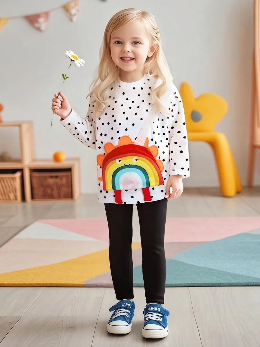 Girls Autumn Cotton Long Sleeve Outfit Set Rainbow Polka Dot Pattern Pullover Top And Pants Two Piece Casual Kids Clothes