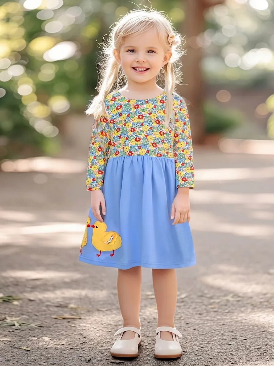Robe Manches Longues Fille Patchwork Floral 100% Coton Applique Poussin Automne Vêtements Décontractés pour Enfants