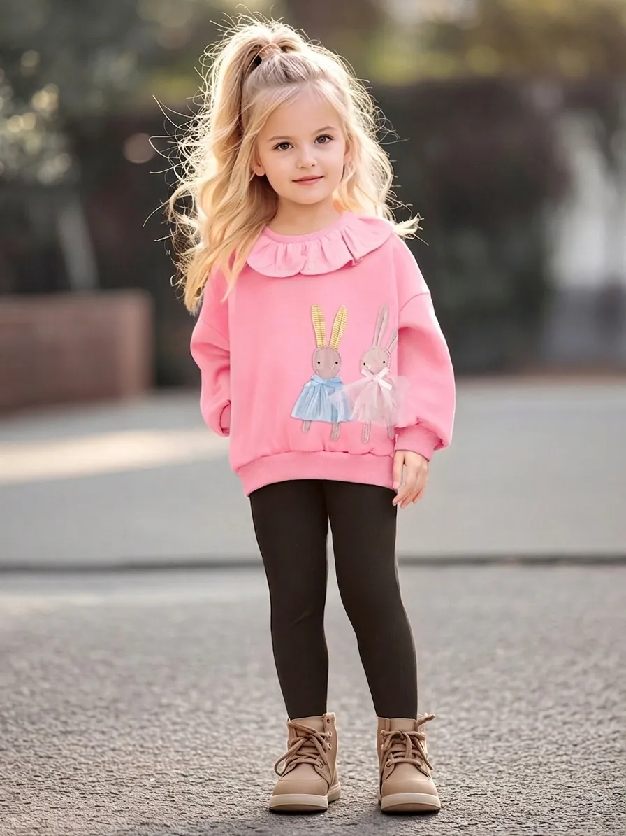 Ensemble Deux Pièces Doublé Polaire Fille Sweat-shirt en Coton à Volants et Leggings à Nervures Appliqué Lapin