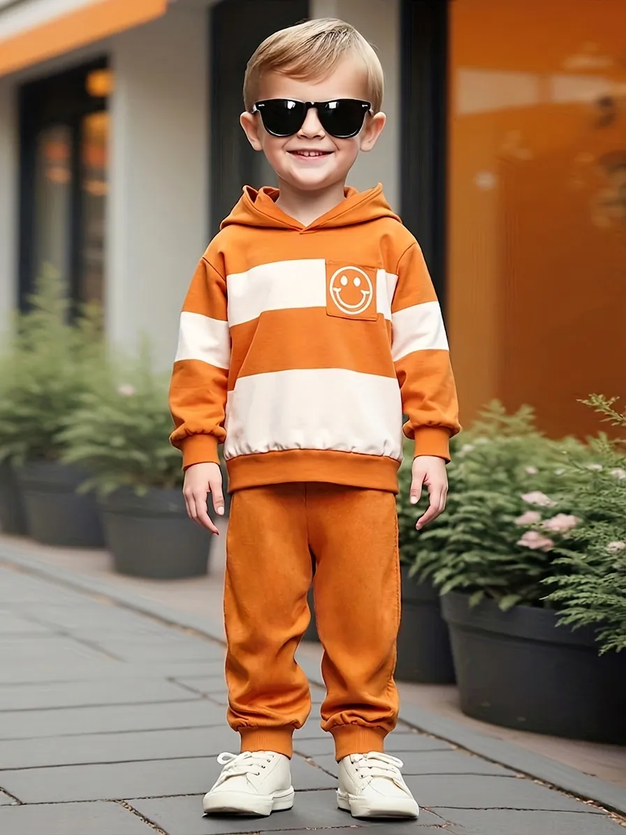 Ensemble Sweat à Capuche et Pantalon Rayé pour Garçons Décontracté Manches Longues Tenue Cartoon Smile Face