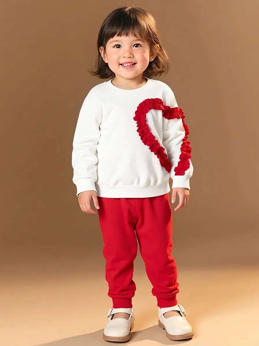Sweet Girls Long Sleeve Sweatshirt And Ruffle Heart Jogger Pants Polyester Soft Pullover Top And Bottoms Clothing For Kids