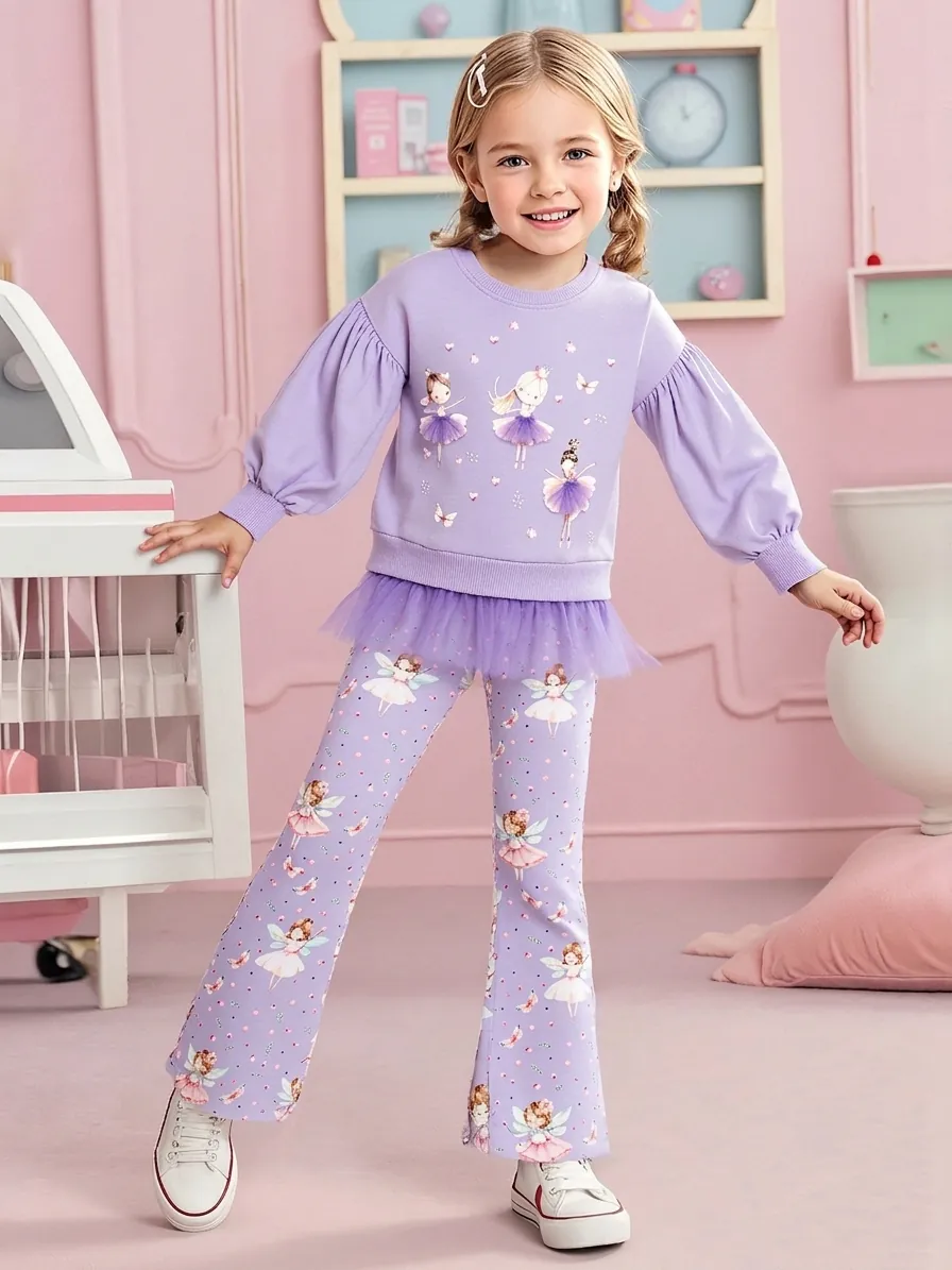 Little Maven Girls Fall Long Sleeve Cartoon Ballet Fairy Print Tulle Sweatshirt And Flare Pants Two Piece Clothing Set