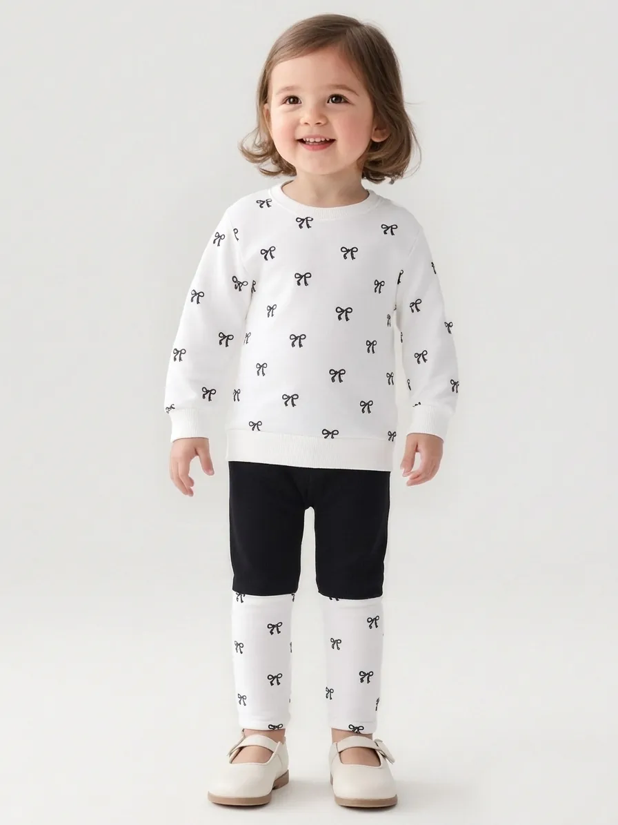Girls Sweet Bowknot Printed Long Sleeve Top And Pants Set Cute White Polyester Pullover Outfit For Kids Autumn Wear