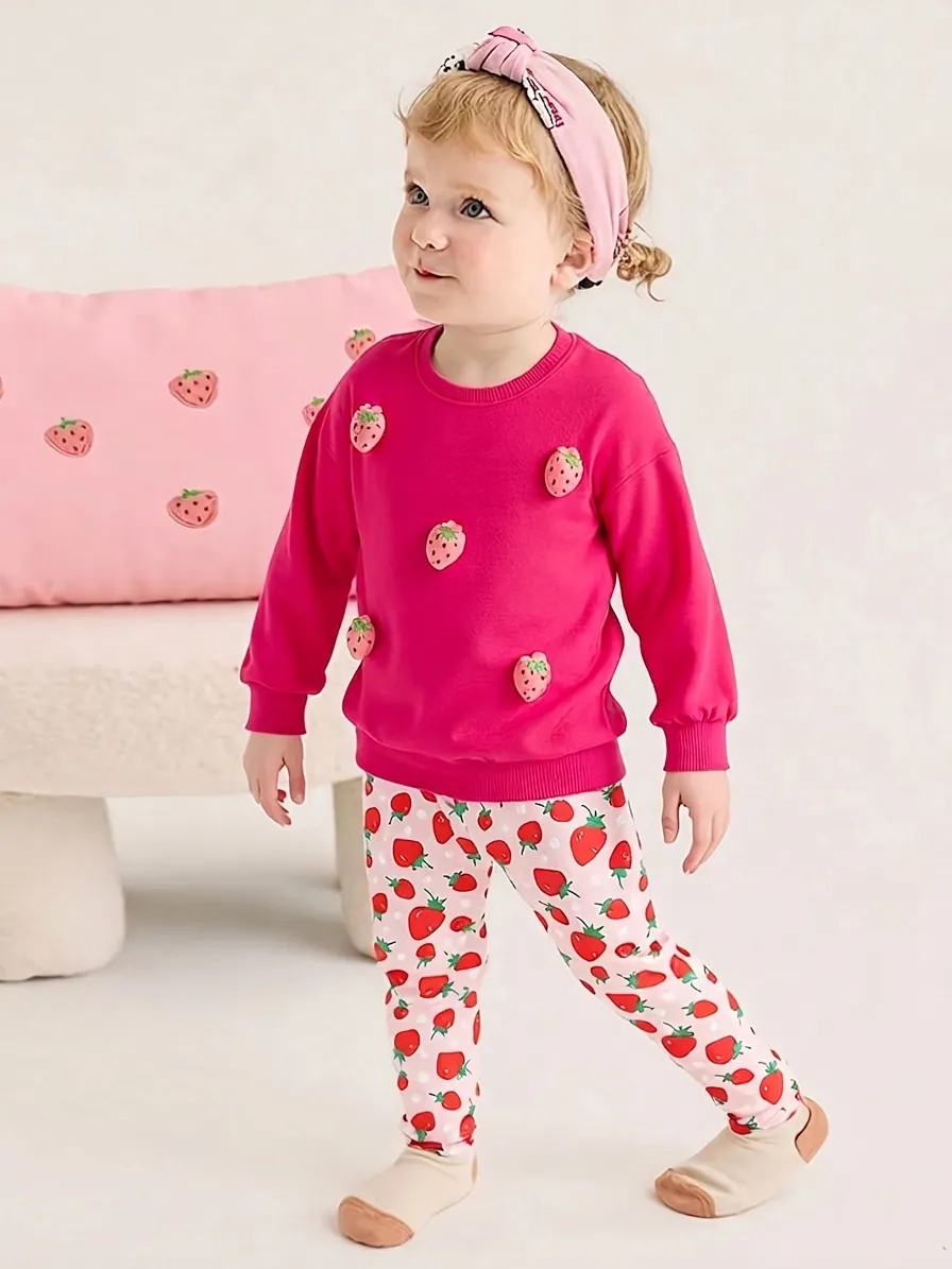 Vêtements à Motifs Fraises à Manches Longues pour Petites Filles Sweat-shirt Fuchsia d'automne et Pantalons à Imprimé Fraises Hauts Appliqués