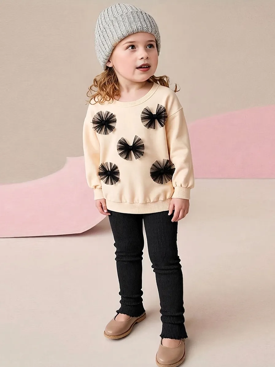 Ensemble Sweat À Manches Longues Et Pantalon Pour Filles Beige Noir Nœud En Maille Vêtements Décontractés Nervurés Pour Enfants Automne