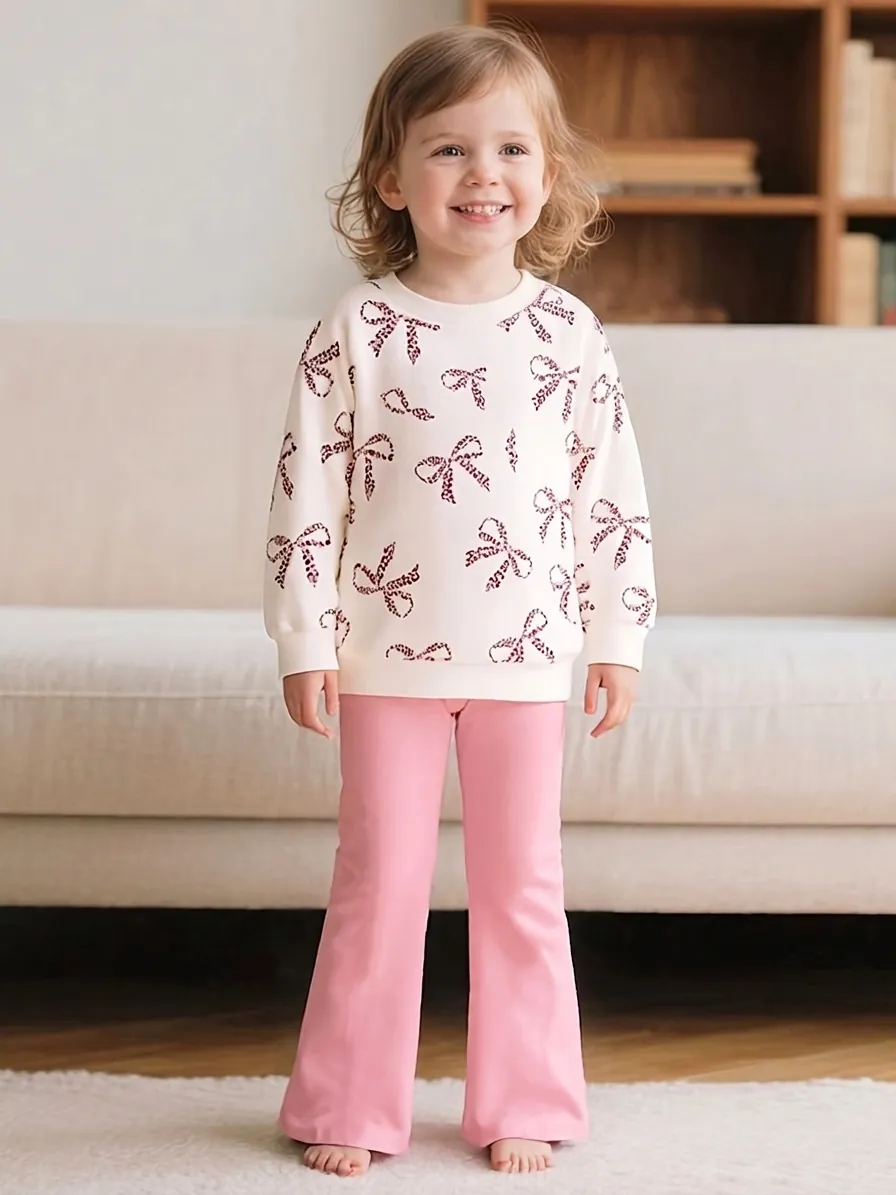 Girls Long Sleeve Sweatshirt and Pink Flare Pants Set Autumn Leopard Bow Printed Comfortable Toddler Two Piece Outfit