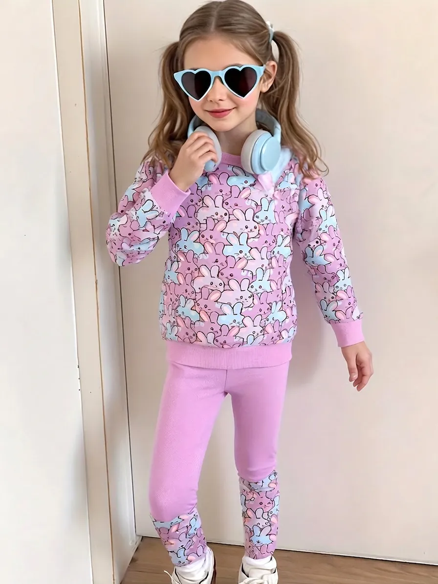 Little Maven Little Girls Autumn Clothing Set Cartoon Bunny Printed Long Sleeve Top And Pants Casual Two Piece Outfit