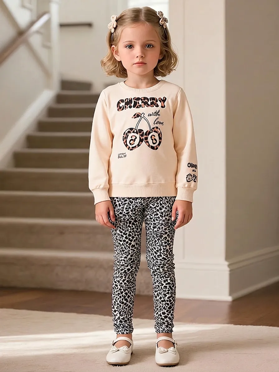 Kids Girls Casual Autumn Clothing Set Long Sleeve Cherry Leopard Print Pullover Top And Long Pants 2 Piece Outfits
