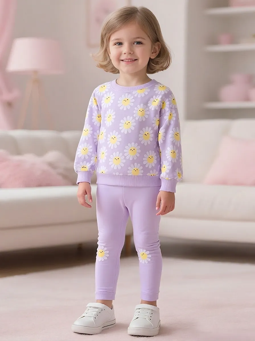 Girls Long Sleeve Pullover And Pants Set Polyester Sweet Daisy Smiley Face Print Comfortable Casual Children Clothing Set