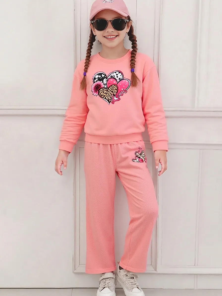 Girls Pink Heart Print Long Sleeve Sweatshirt And Pants 2 Piece Set Casual Cute Autumn Outfit For Toddler Kids Clothing