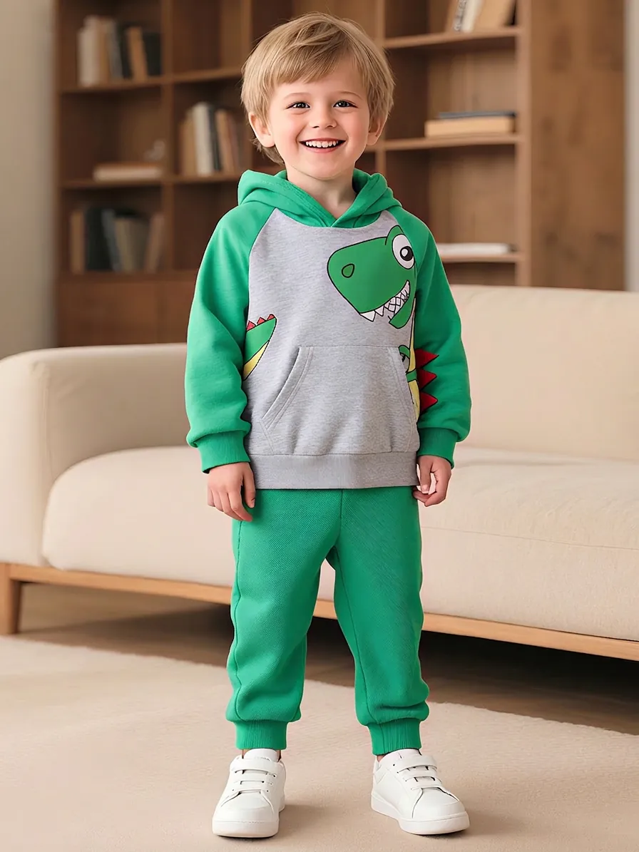 Boys Cartoon Dinosaur Hoodie And Pants Fleece Tracksuit Autumn Winter Casual Soft Pullover Outfit Children Clothing Set