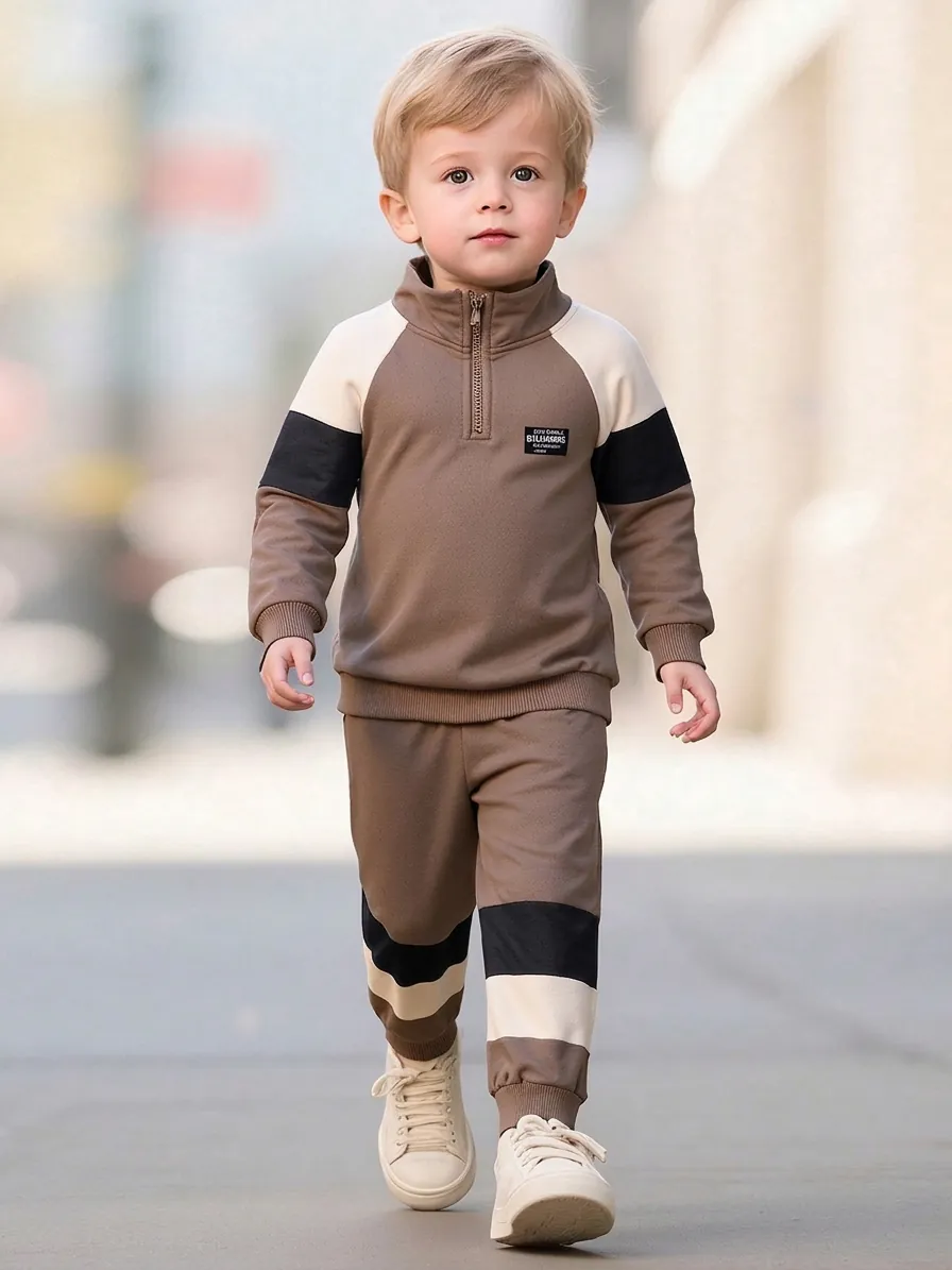 Ensemble Deux Pièces de Sport Décontracté pour Garçons Automne Manches Longues Demi-Zip Col Montant Bloc de Couleur Survêtement en Polyester Tenue pour Enfants